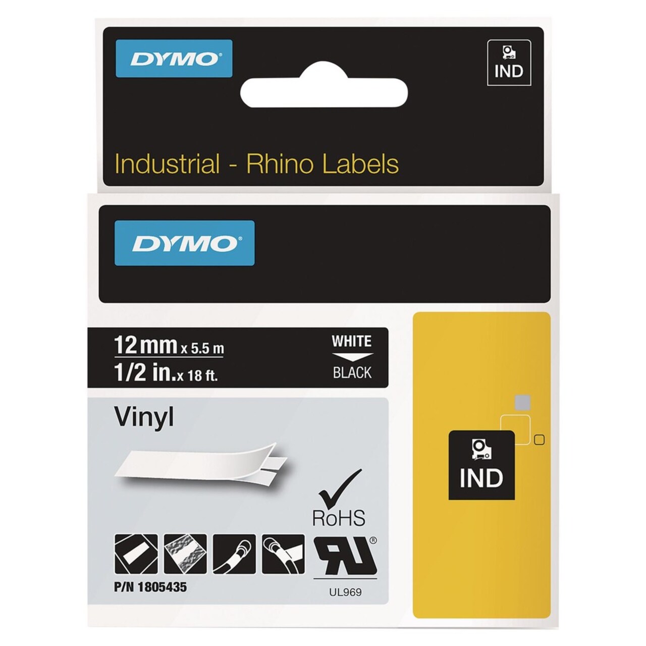 DYMO Rhino 0.5 in. x 18 ft. Permanent Vinyl Industrial Label Tape - Black/White Print (1-Roll)